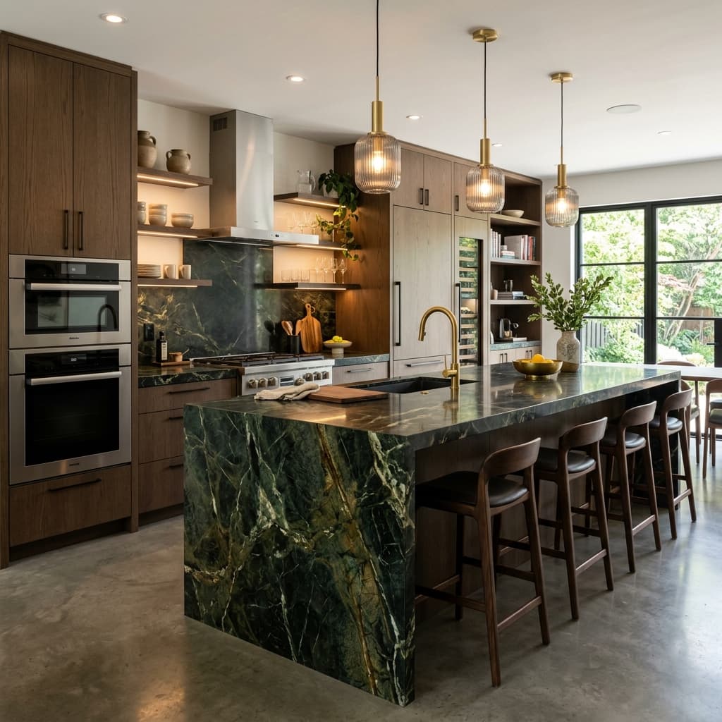 Cozinha premium com ilha em mármore verde